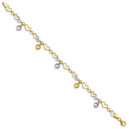 14K & White Rhodium Polished Heart D/C Bracelet