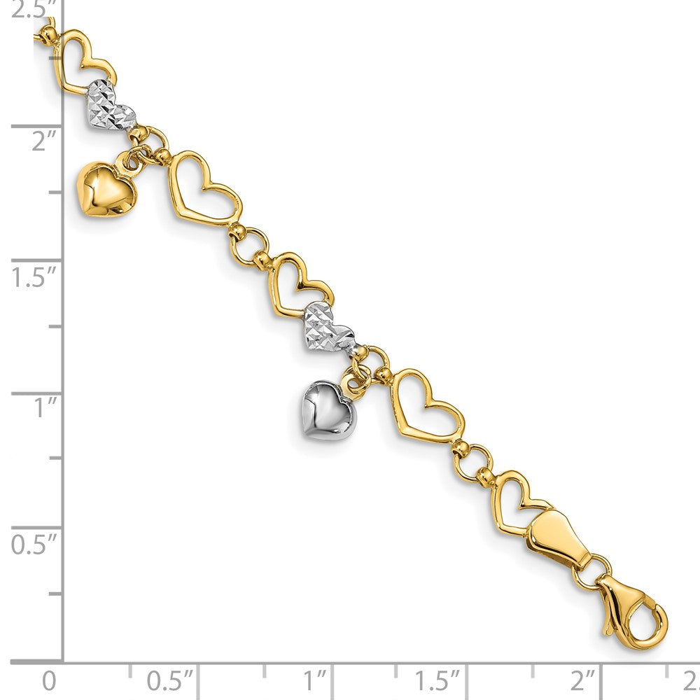 14K & White Rhodium Polished Heart D/C Bracelet