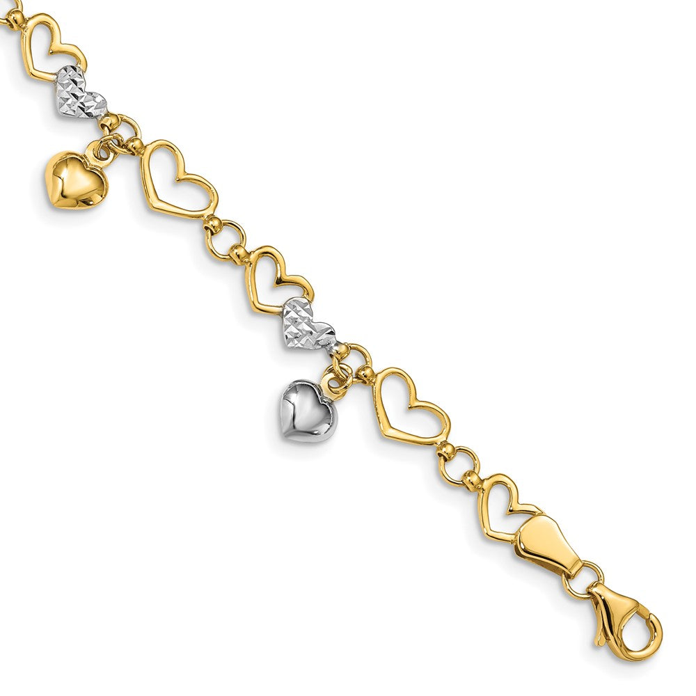 14K & White Rhodium Polished Heart D/C Bracelet