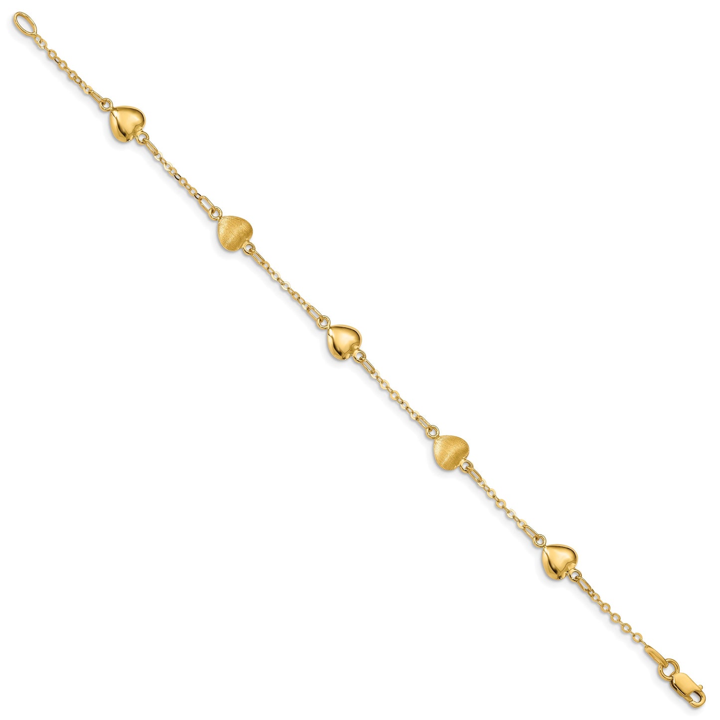 14K Brushed and Polished Puffed Hearts 7 inch Bracelet