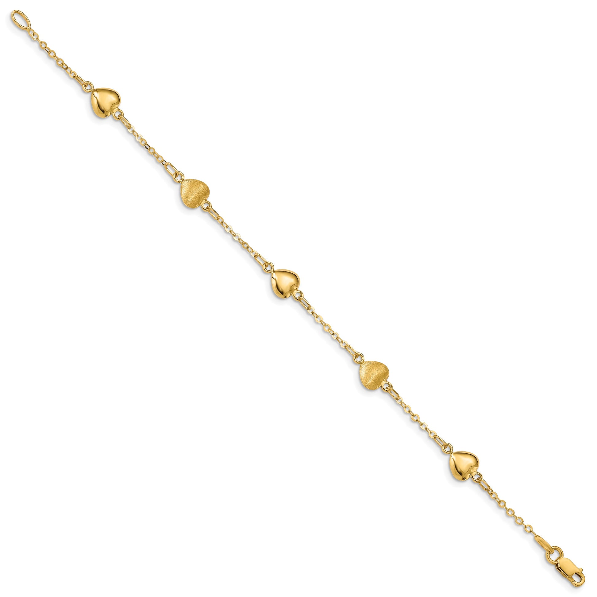 14K Brushed and Polished Puffed Hearts 7 inch Bracelet