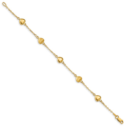 14K Brushed and Polished Puffed Hearts 7 inch Bracelet