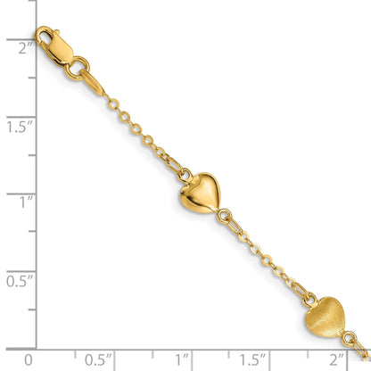 14K Brushed and Polished Puffed Hearts 7 inch Bracelet
