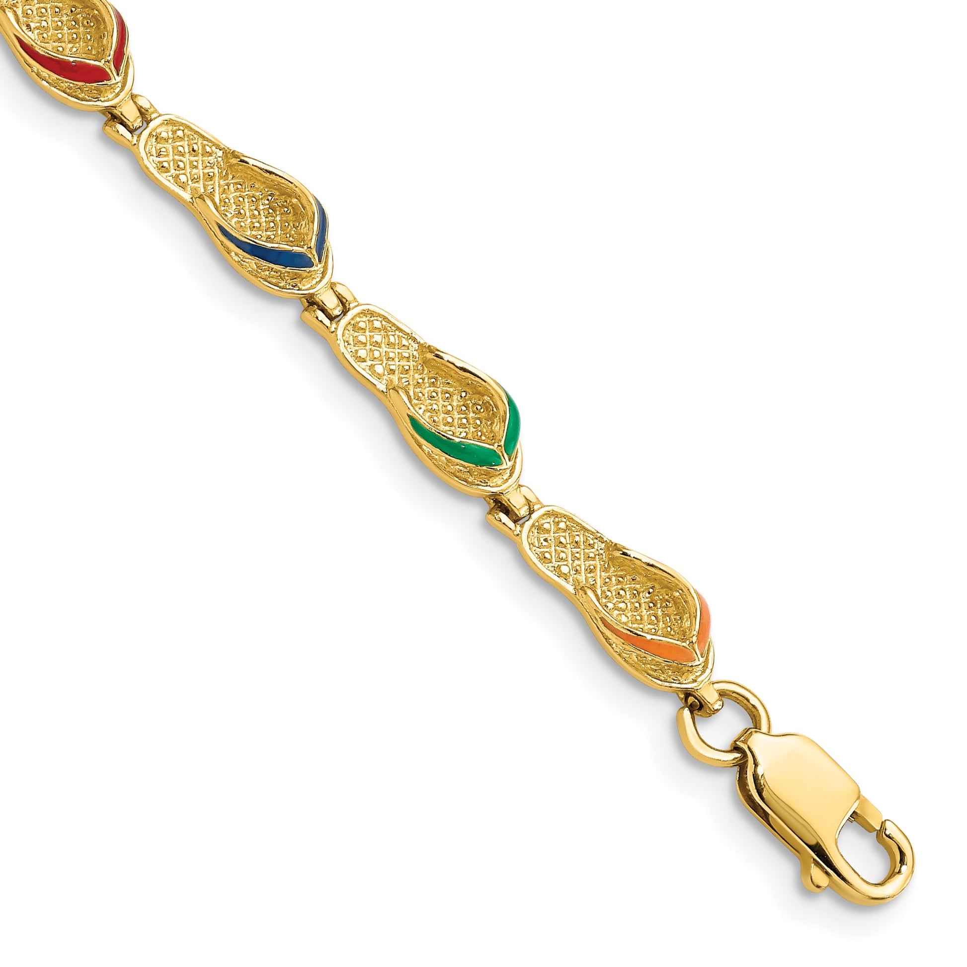 14k Red/Blue/Green/Orange Enameled Flip Flop 7.25 inch Bracelet