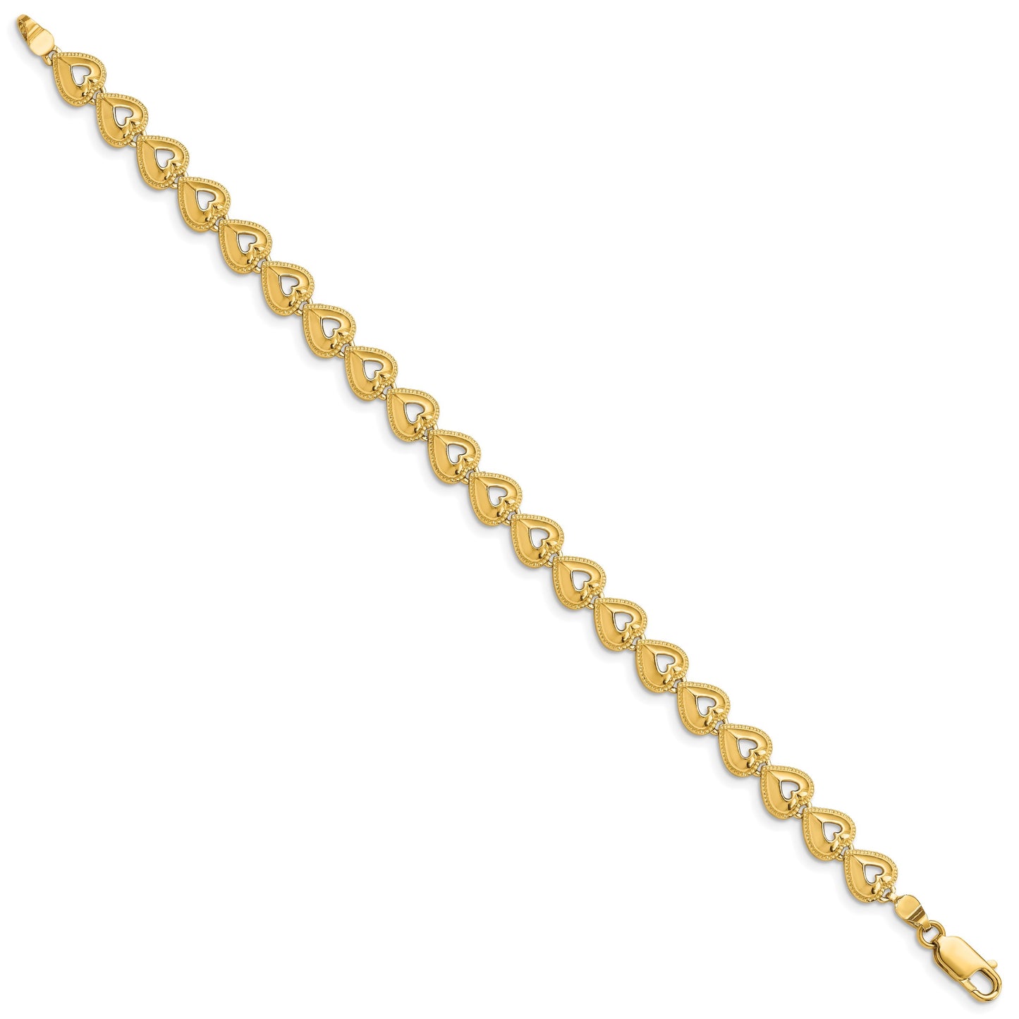 14K Polished Beaded Cut-out Hearts 7 inch Bracelet