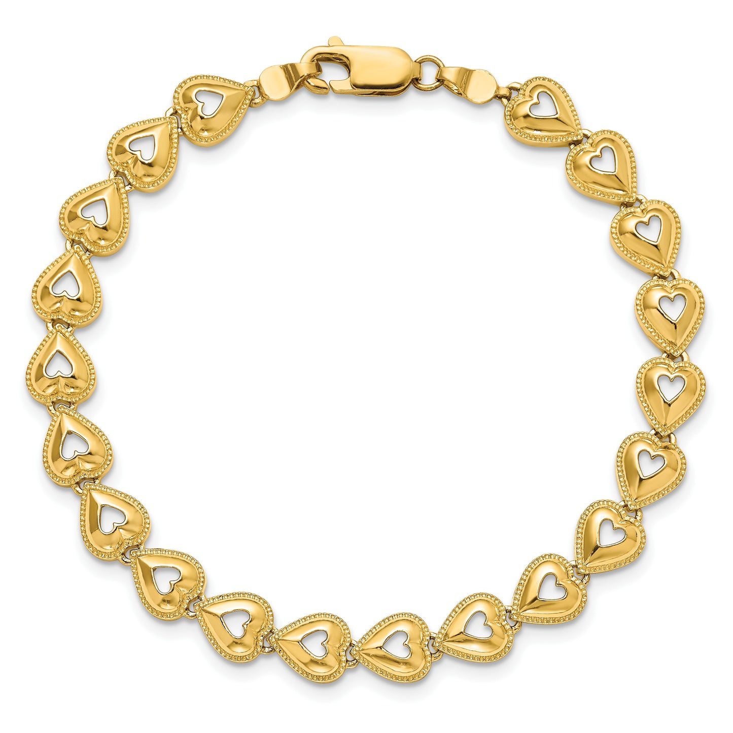 14K Polished Beaded Cut-out Hearts 7 inch Bracelet