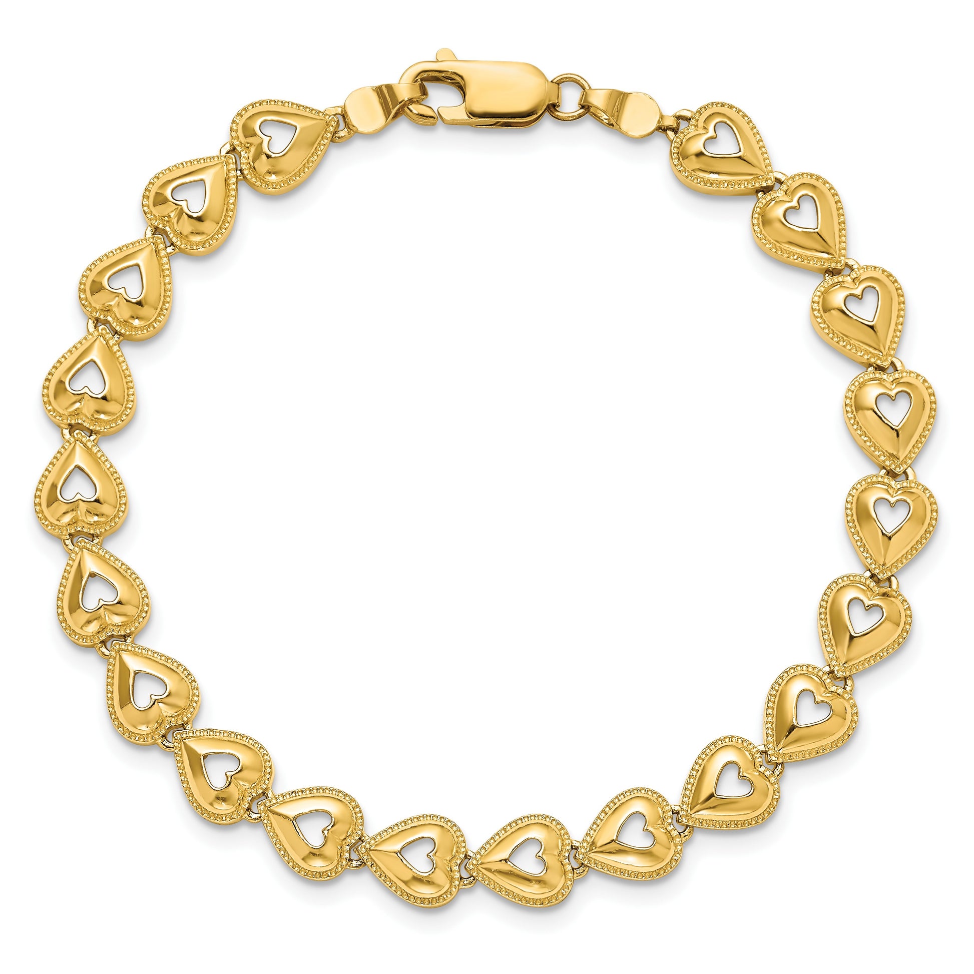 14K Polished Beaded Cut-out Hearts 7 inch Bracelet