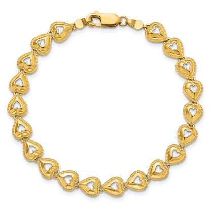 14K Polished Beaded Cut-out Hearts 7 inch Bracelet