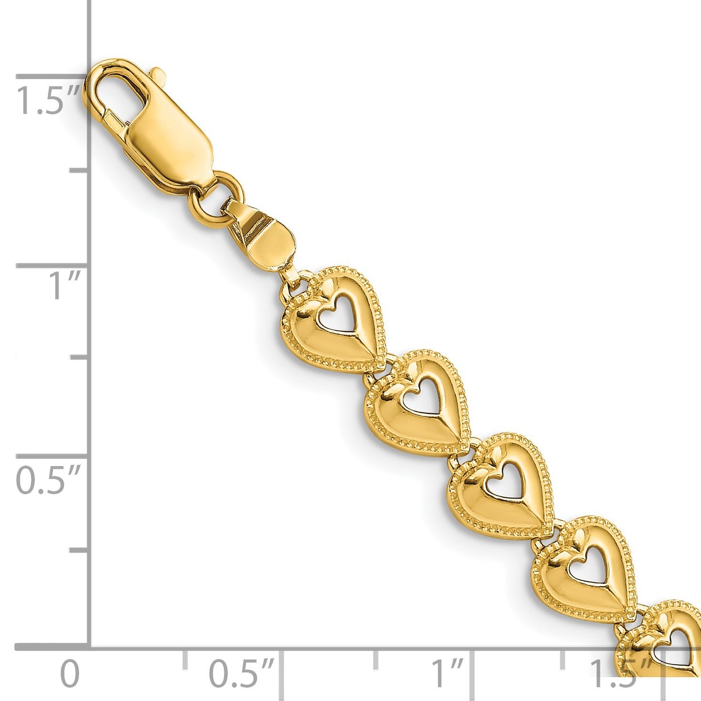 14K Polished Beaded Cut-out Hearts 7 inch Bracelet