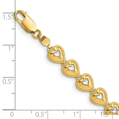 14K Polished Beaded Cut-out Hearts 7 inch Bracelet