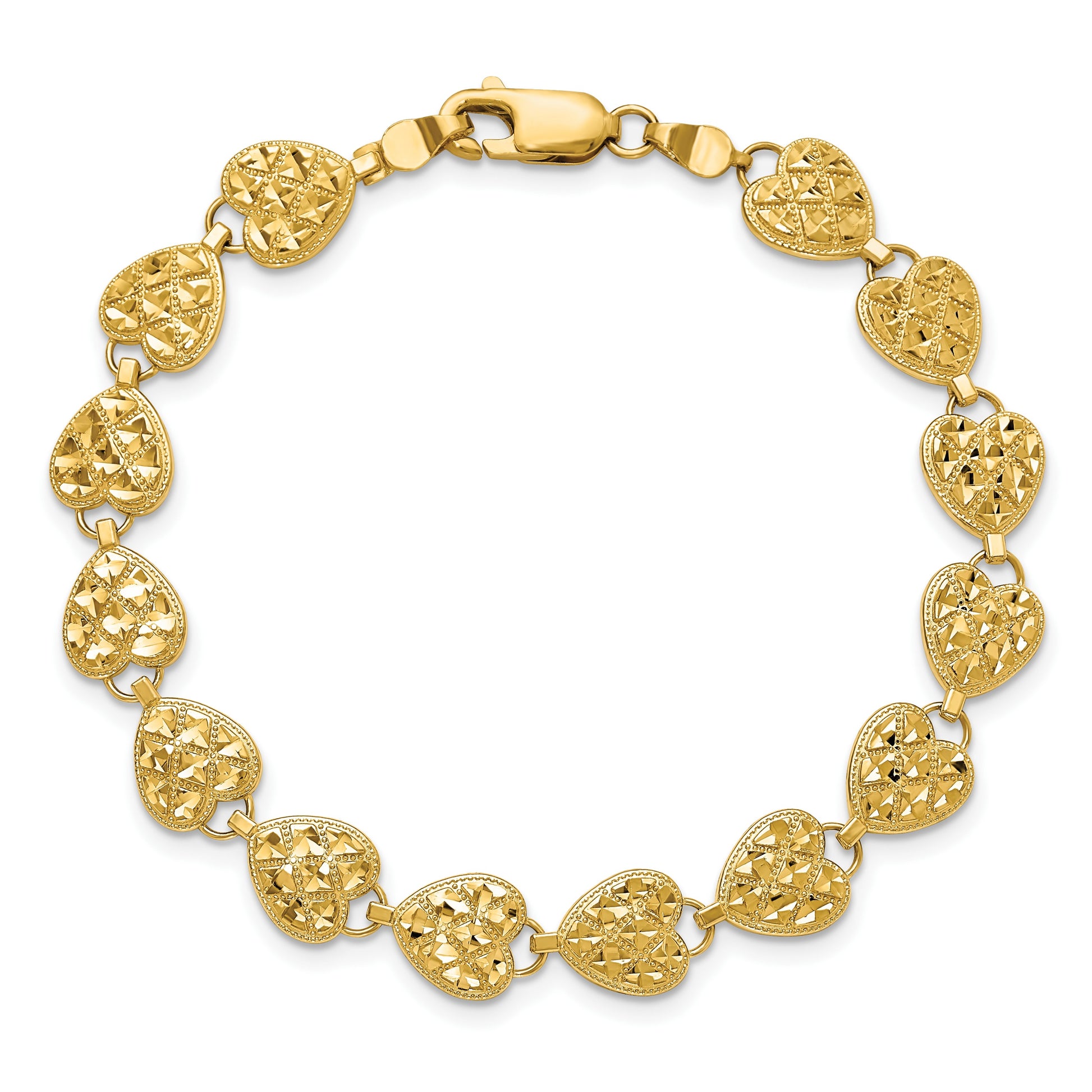 14K Polished Diamond-cut Hearts 7 inch Bracelet