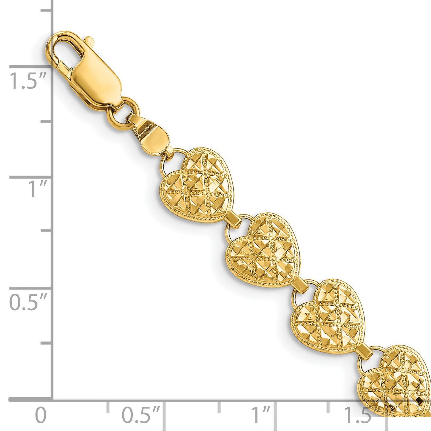 14K Polished Diamond-cut Hearts 7 inch Bracelet