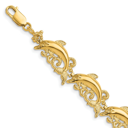 14k Polished Dolphin and Waves 7.5 inch Bracelet