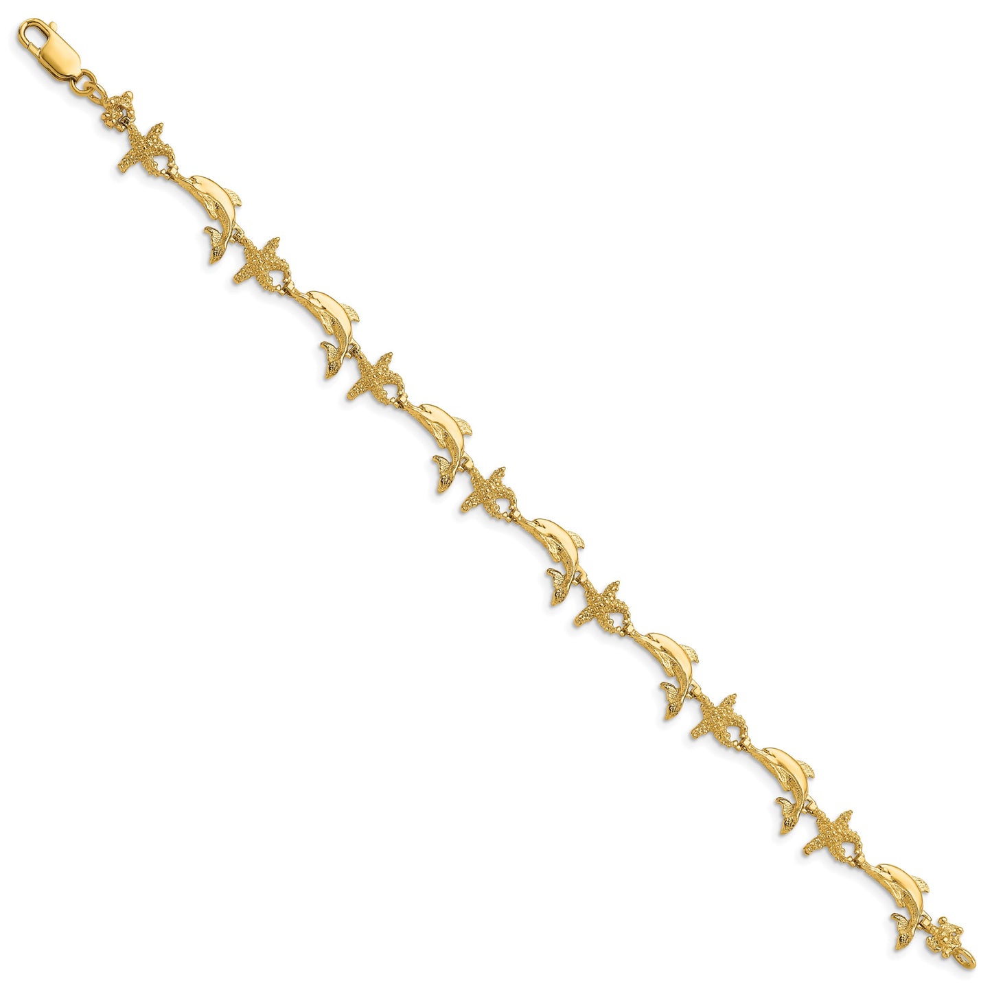 14K Polished and Textured Dolphin and Starfish 7.5 inch Bracelet