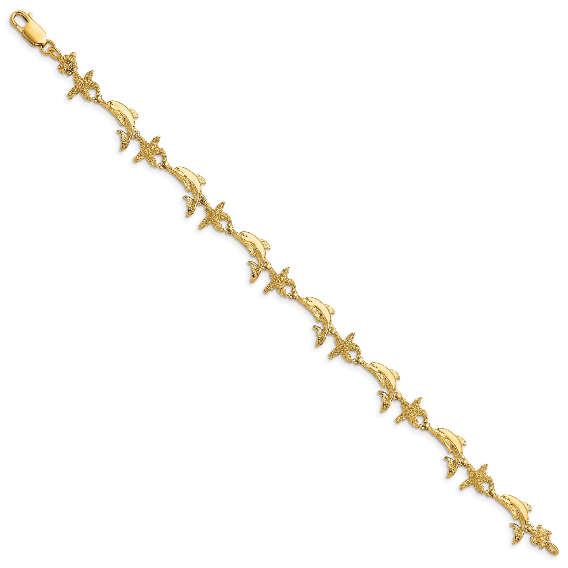 14K Polished and Textured Dolphin and Starfish 7.5 inch Bracelet