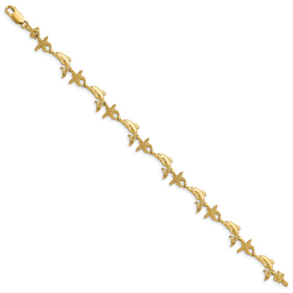 14K Polished and Textured Dolphin and Starfish 7.5 inch Bracelet