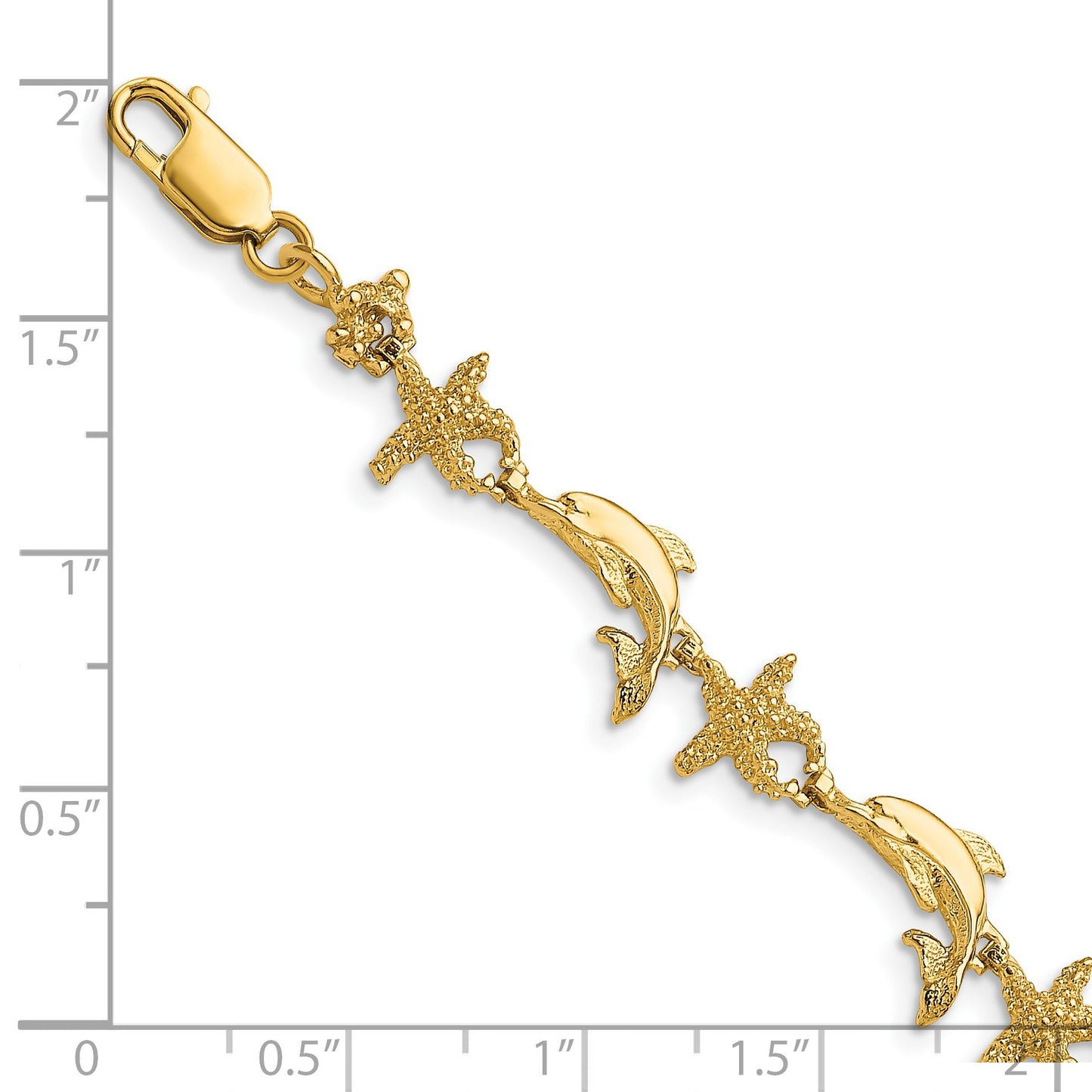 14K Polished and Textured Dolphin and Starfish 7.5 inch Bracelet