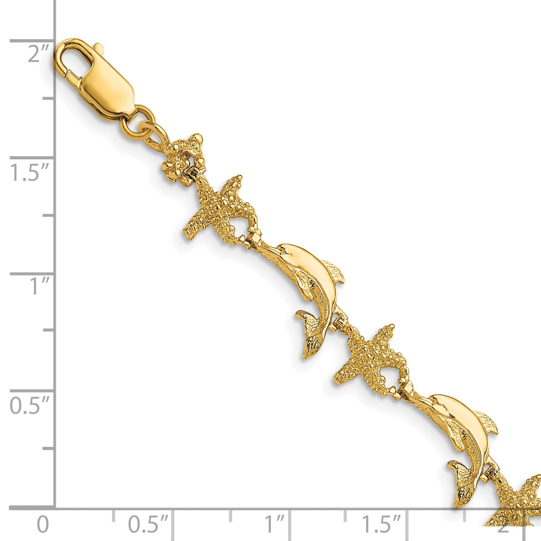 14K Polished and Textured Dolphin and Starfish 7.5 inch Bracelet