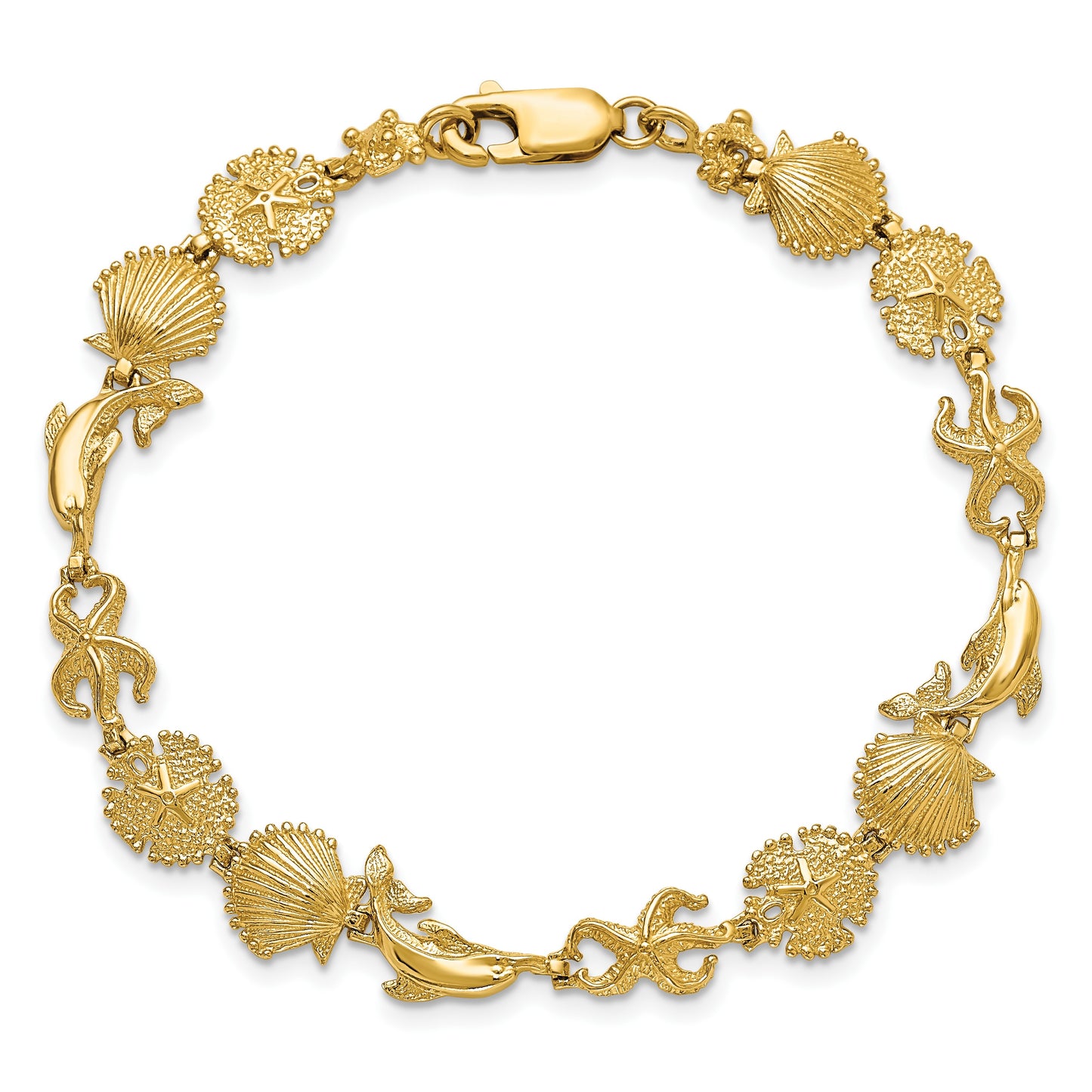 14K Polished Dolphin and Sea Shells 7 inch Bracelet