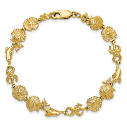14K Polished Dolphin and Sea Shells 7 inch Bracelet