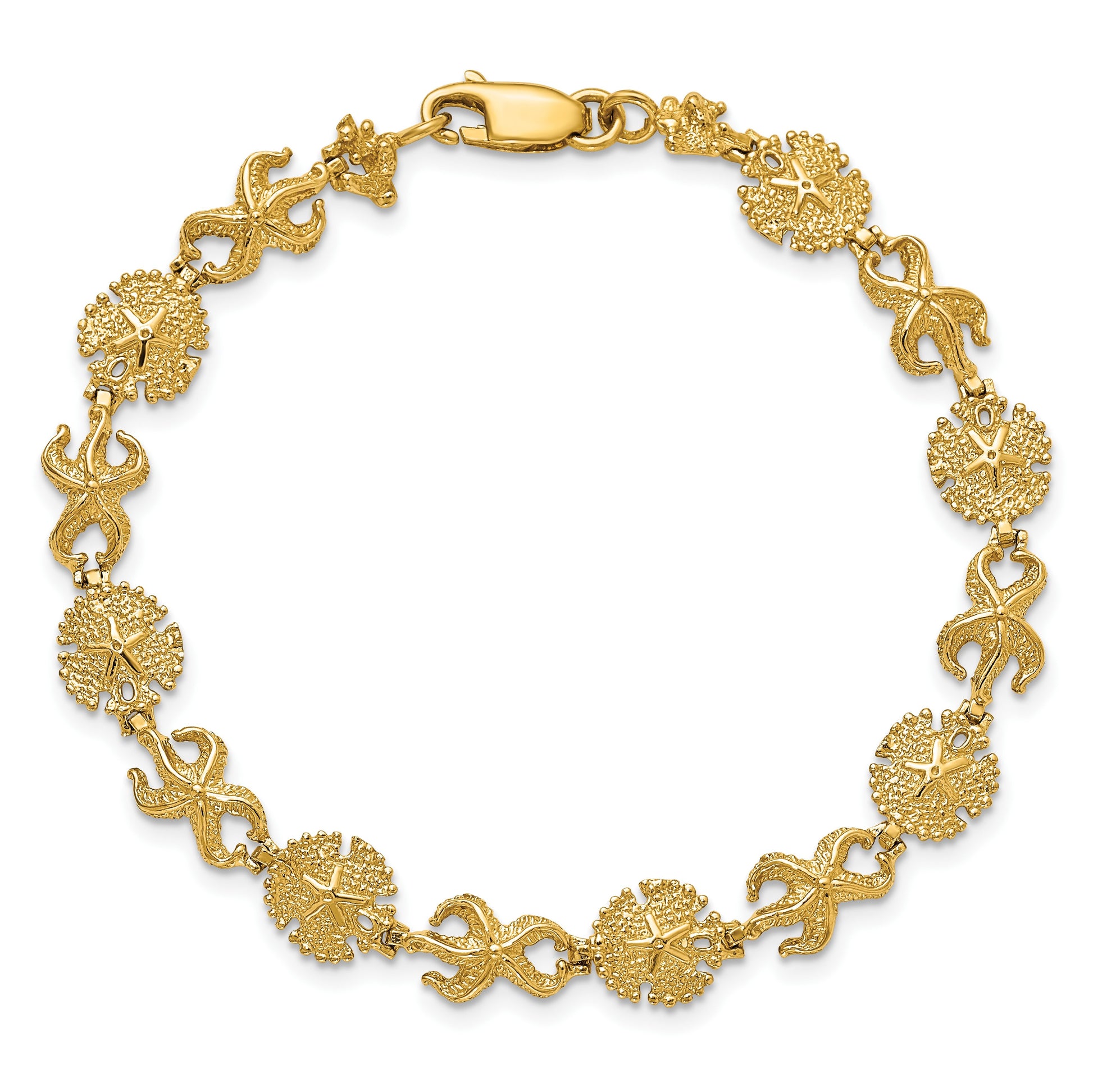 14K Polished Starfish and Sand Dollar 7 inch Bracelet