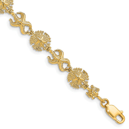 14K Polished Starfish and Sand Dollar 7 inch Bracelet