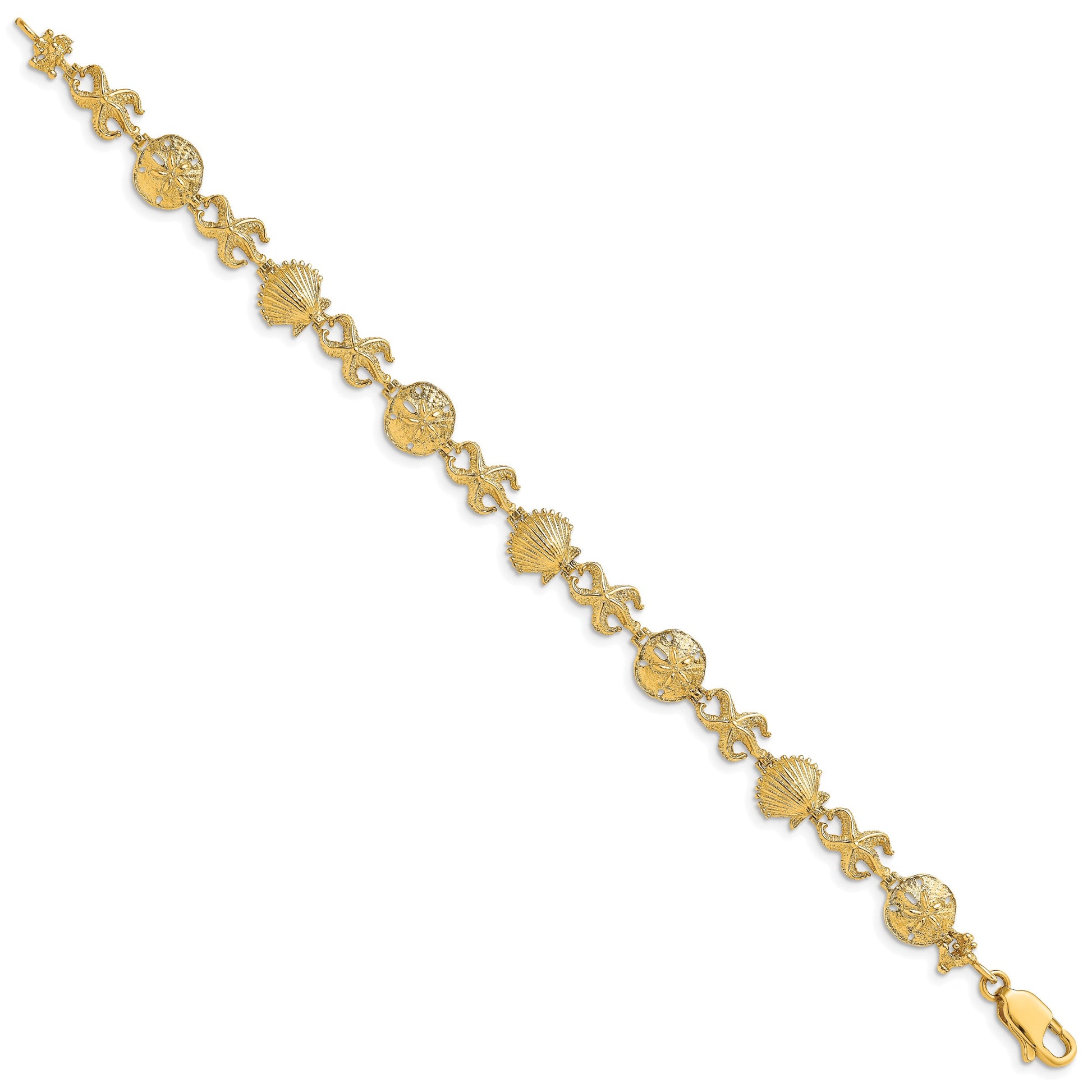 14K Polished Shell/Sand Dollar/Starfish 7 inch Bracelet