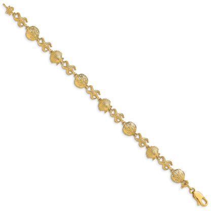 14K Polished Shell/Sand Dollar/Starfish 7 inch Bracelet