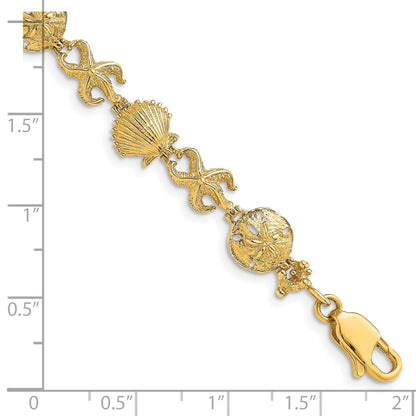 14K Polished Shell/Sand Dollar/Starfish 7 inch Bracelet