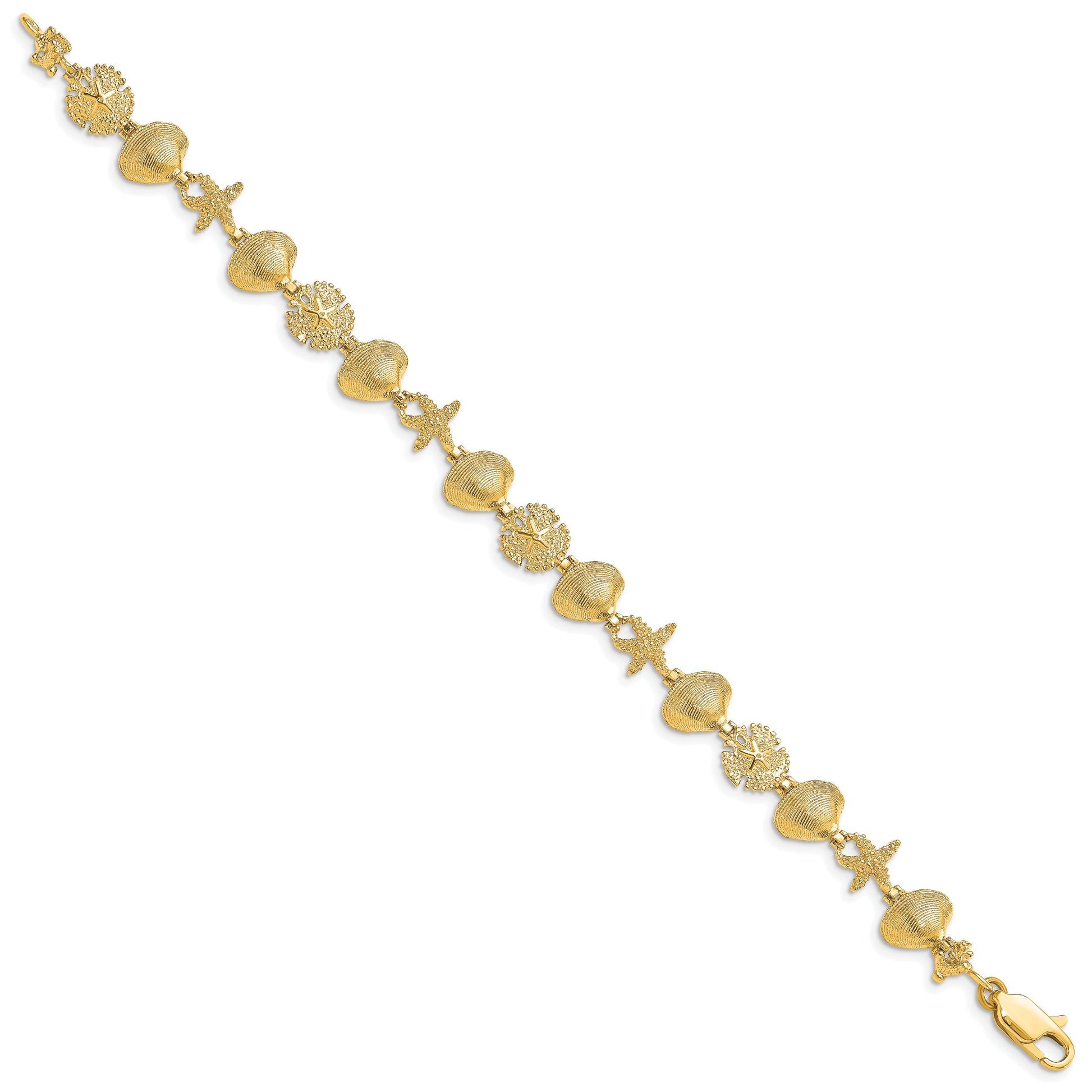 14K Polished Sand Dollar/Clam Shell/Starfish 7.25 inch Bracelet