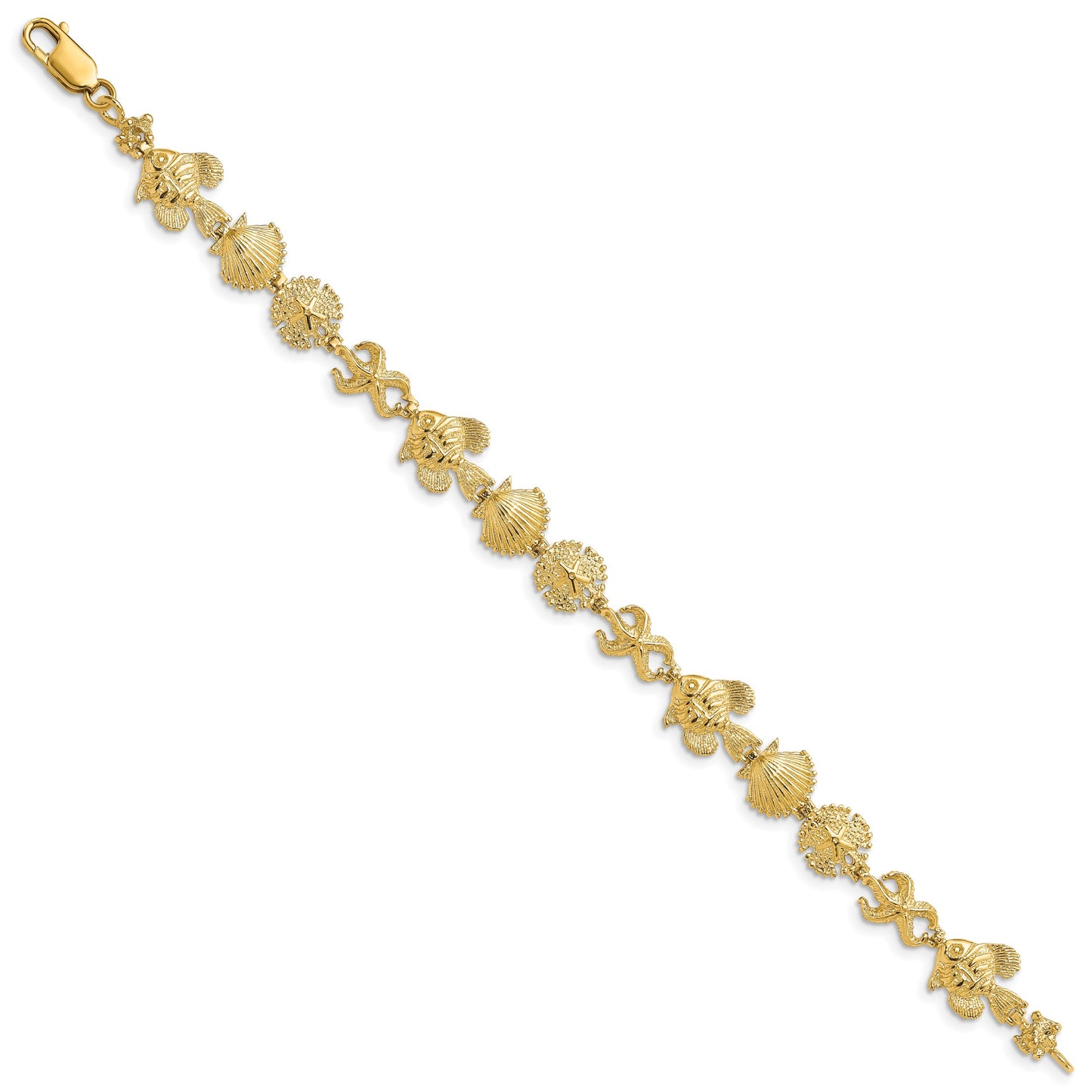 14k Polished and Textured Sea Life 7 inch Bracelet