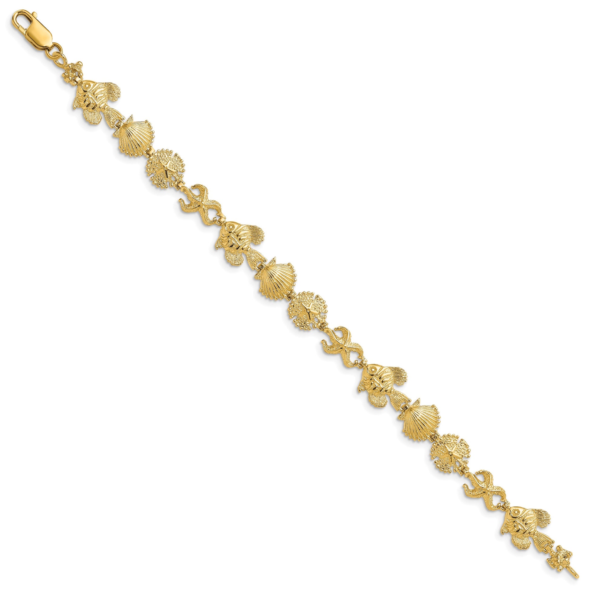 14k Polished and Textured Sea Life 7 inch Bracelet