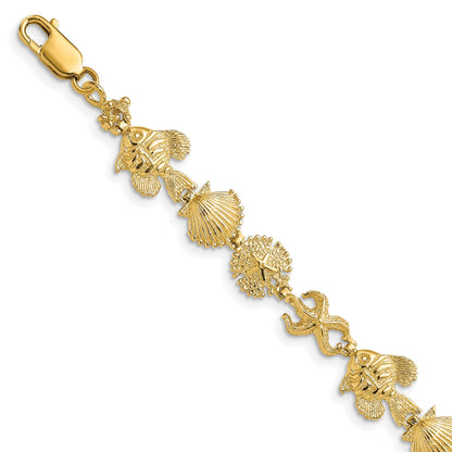14k Polished and Textured Sea Life 7 inch Bracelet