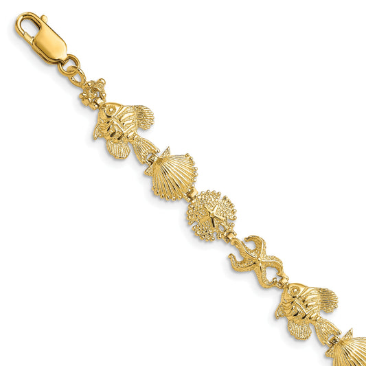 14k Polished and Textured Sea Life 7 inch Bracelet
