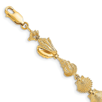 14k Polished Assorted Sea Shells 7.25 inch Bracelet