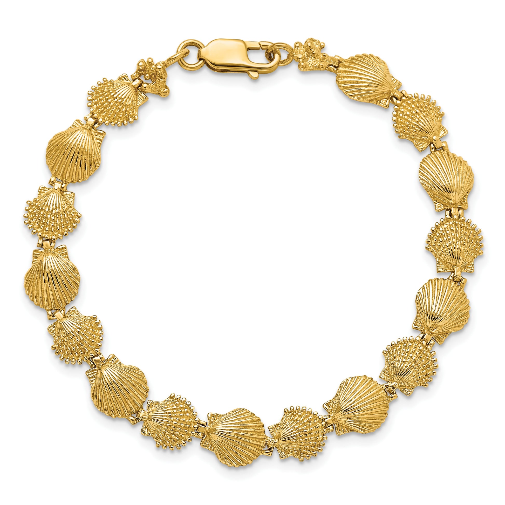 14K Polished and Textured Scallop Shell 7 inch Bracelet