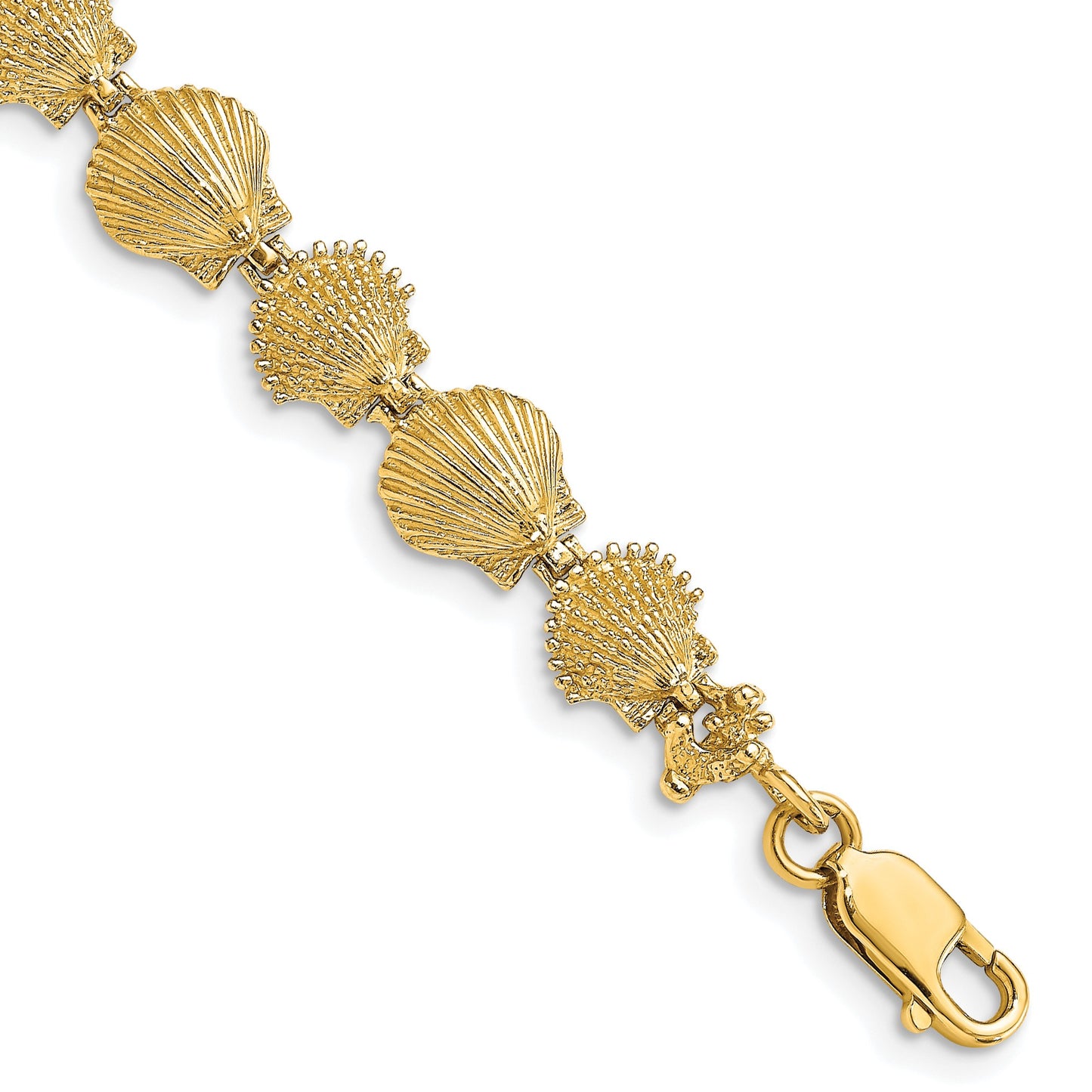 14K Polished and Textured Scallop Shell 7 inch Bracelet