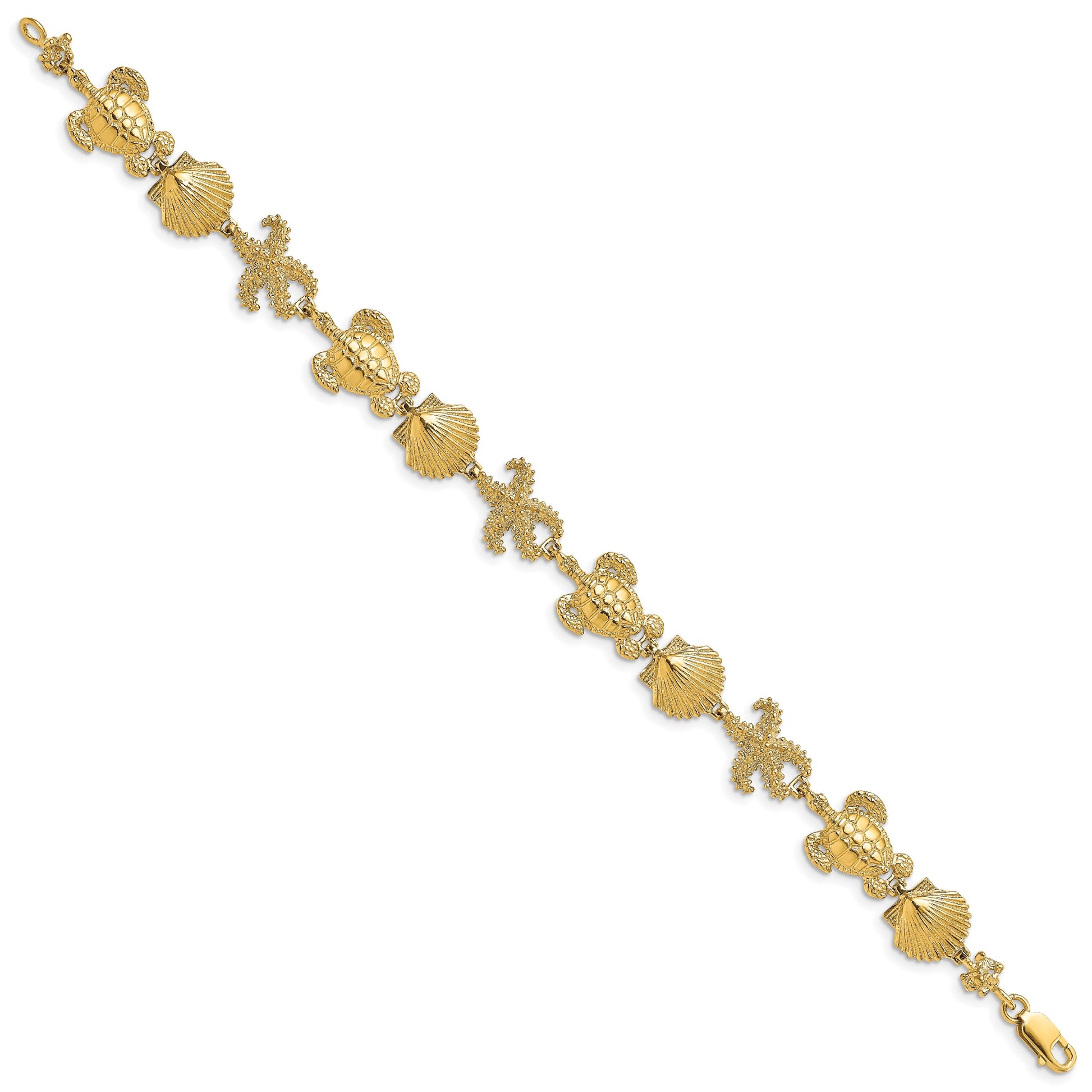 14K Polished Turtle/Shell/Starfish 7.5 inch Bracelet