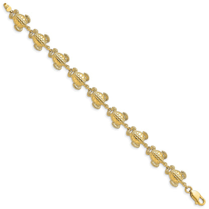 14K Polished and Textured Sea Turtle 7.25 inch Bracelet