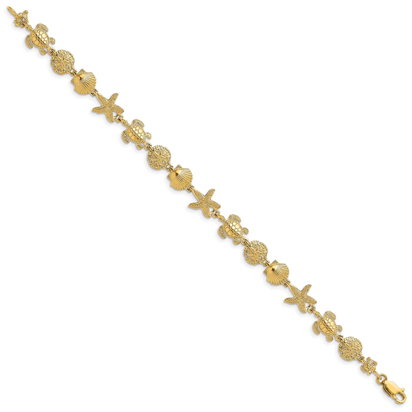 14K Polished Turtle/Sand Dollar/Shell/Starfish Link 7 inch Bracelet