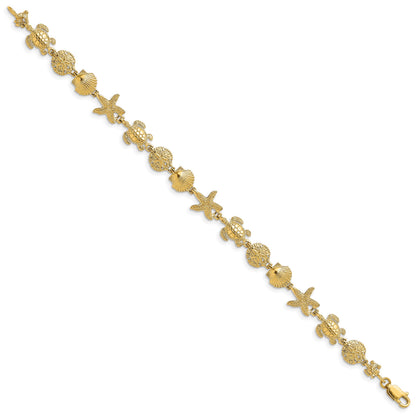 14K Polished Turtle/Sand Dollar/Shell/Starfish Link 7 inch Bracelet