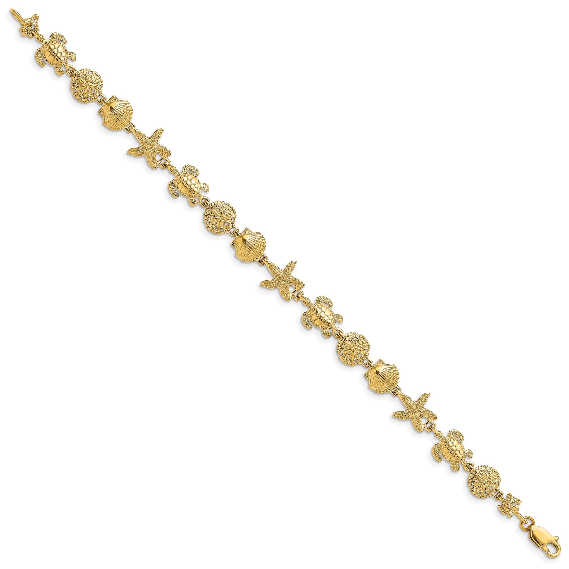 14K Polished Turtle/Sand Dollar/Shell/Starfish Link 8 inch Bracelet