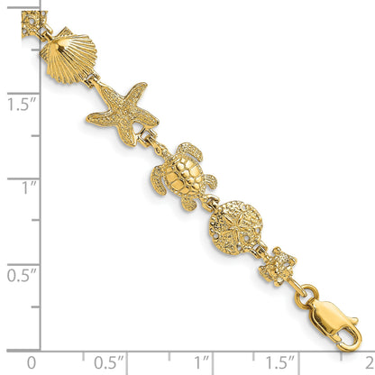 14K Polished Turtle/Sand Dollar/Shell/Starfish Link 7 inch Bracelet