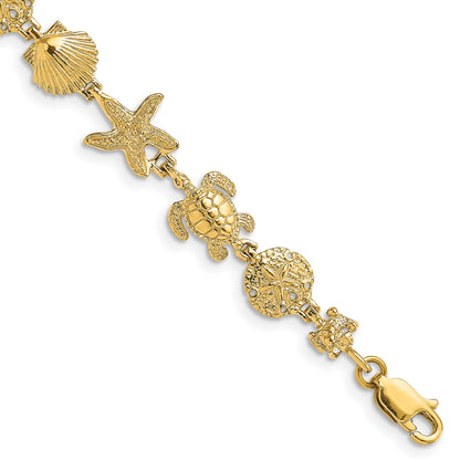 14K Polished Turtle/Sand Dollar/Shell/Starfish Link 7 inch Bracelet