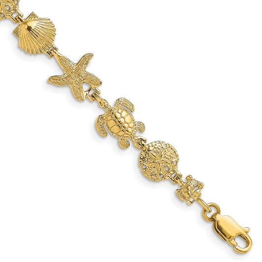 14K Polished Turtle/Sand Dollar/Shell/Starfish Link 7 inch Bracelet