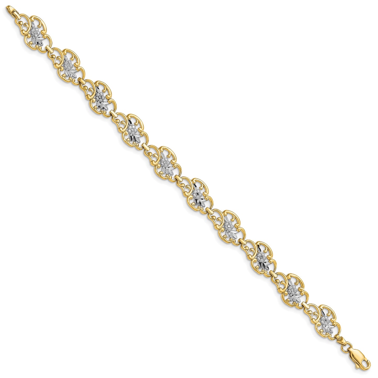 14k and White Rhodium Diamond-Cut Fancy Floral Filigree 7.25 inch Bracelet