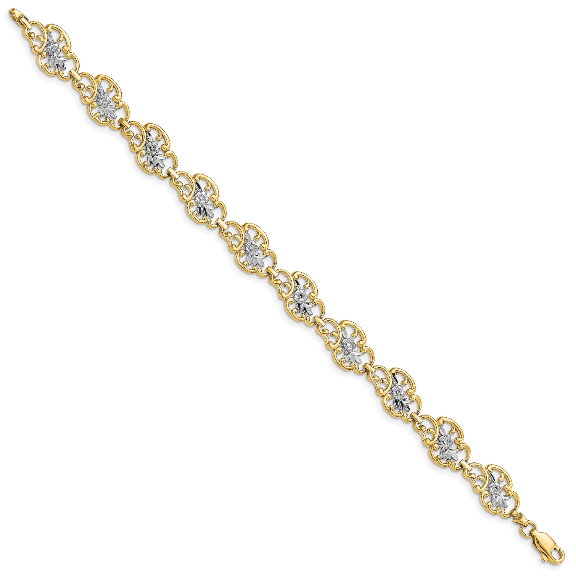14k and White Rhodium Diamond-Cut Fancy Floral Filigree 7.25 inch Bracelet