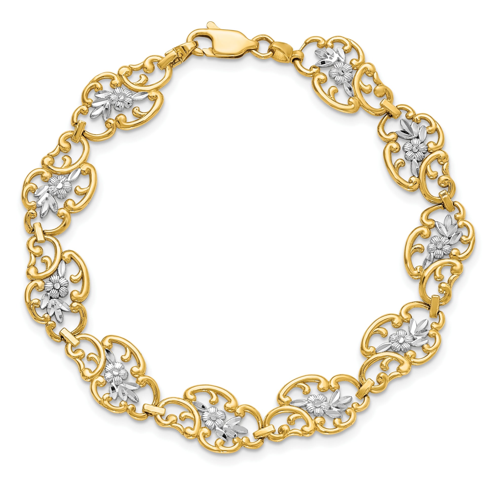 14k and White Rhodium Diamond-Cut Fancy Floral Filigree 7.25 inch Bracelet