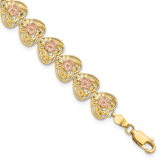 14k Two-tone Diamond-cut Hearts with Flowers 7.25 inch Bracelet