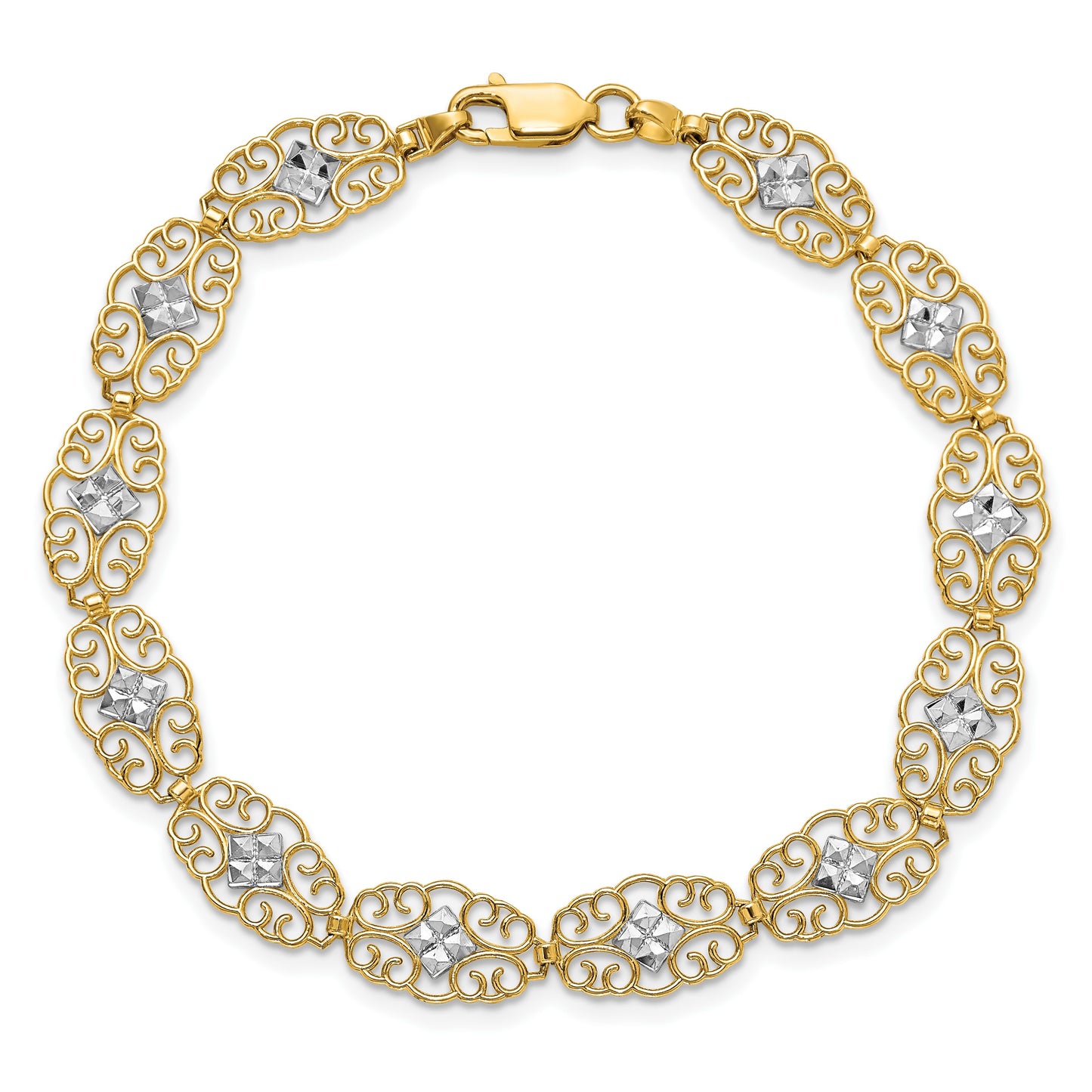 14k and White Rhodium Diamond-Cut Fancy Filigree 7.25 inch Bracelet